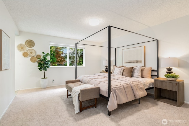 bedroom with carpet flooring, a textured ceiling, and baseboards