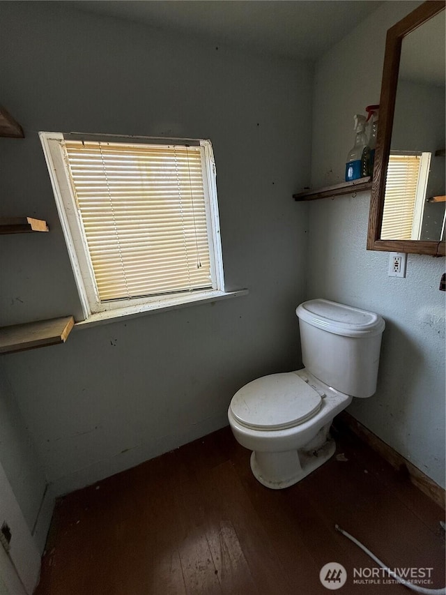 bathroom with toilet and hardwood / wood-style floors