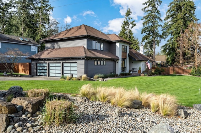 909 11th St, Mukilteo, WA 98275 - rear view of house featuring driveway, a shingled roof, fence, a yard, and a garage