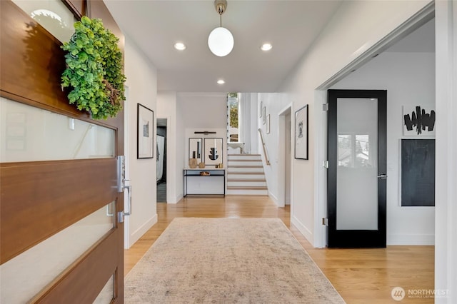 909 11th St, Mukilteo, WA 98275 - corridor featuring baseboards, recessed lighting, stairs, and light wood-style flooring