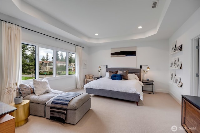 909 11th St, Mukilteo, WA 98275 - bedroom featuring recessed lighting, light colored carpet, baseboards, visible vents, and a raised ceiling