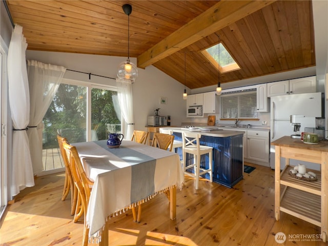 36 K Beach Way, Hat Island, WA 98206 - dining room featuring light wood-type flooring, a skylight, and wood ceiling