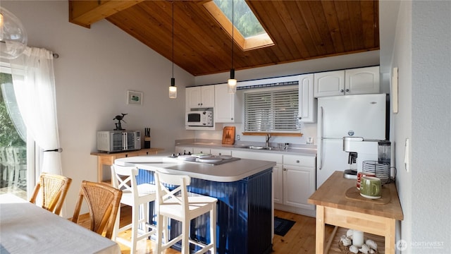 36 K Beach Way, Hat Island, WA 98206 - kitchen featuring white appliances, a skylight, wood ceiling, a sink, and white cabinetry