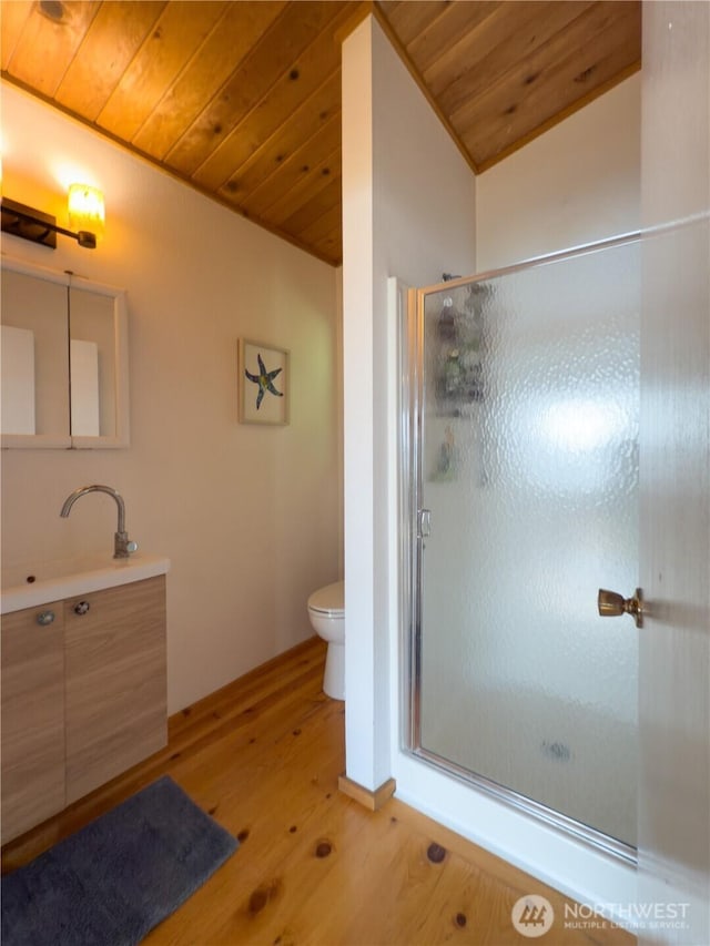 36 K Beach Way, Hat Island, WA 98206 - full bathroom featuring wooden ceiling, a shower stall, wood finished floors, toilet, and vanity