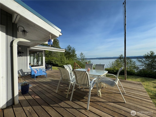 36 K Beach Way, Hat Island, WA 98206 - wooden deck featuring a water view and outdoor dining space