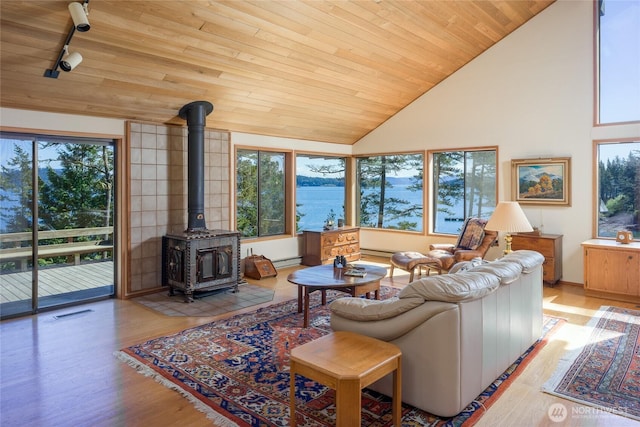 living room with a wood stove, a healthy amount of sunlight, rail lighting, and wood ceiling
