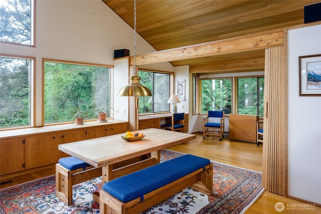 dining space featuring wooden ceiling, light wood-style flooring, and vaulted ceiling