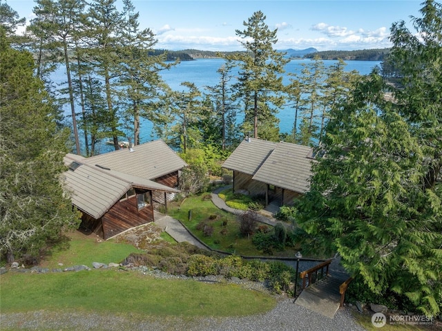 aerial view featuring a water view