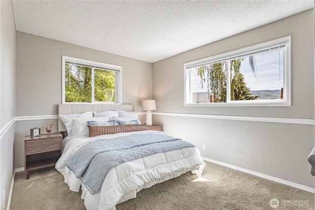 carpeted bedroom featuring multiple windows, baseboards, and a textured ceiling