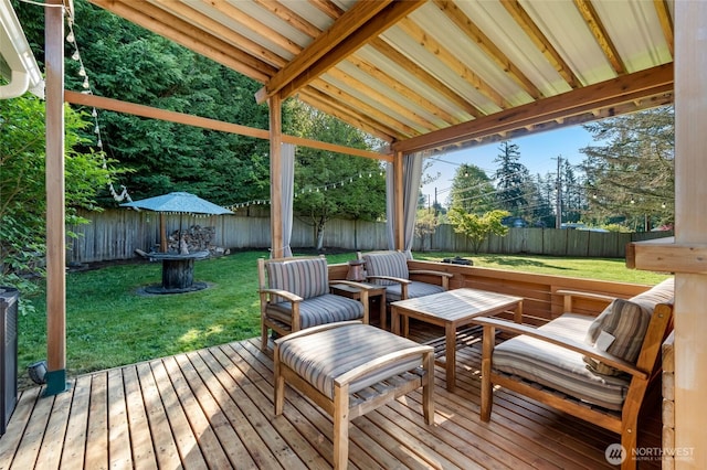 wooden deck with a lawn and a fenced backyard