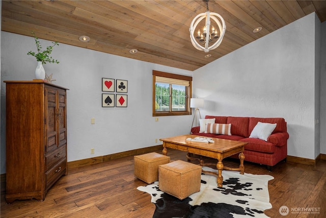 living area featuring an inviting chandelier, wooden ceiling, vaulted ceiling, baseboards, and hardwood / wood-style floors
