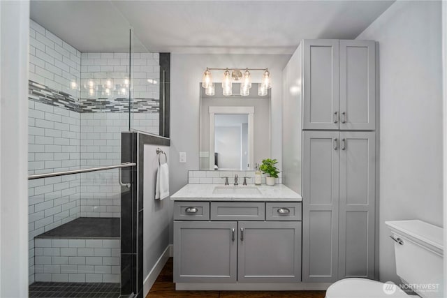 full bath with vanity, toilet, and a stall shower