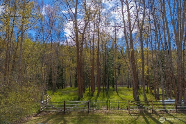 view of yard featuring fence, a gate, and a view of trees