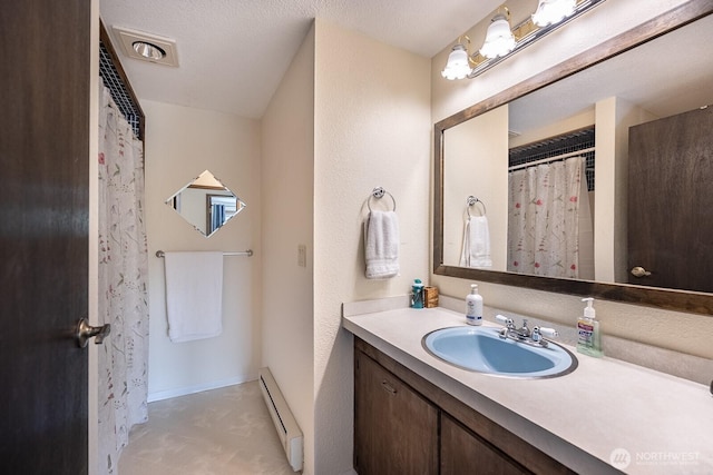 full bath featuring a shower with shower curtain, vanity, and a baseboard radiator