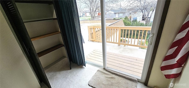 doorway to outside featuring a wealth of natural light and carpet flooring