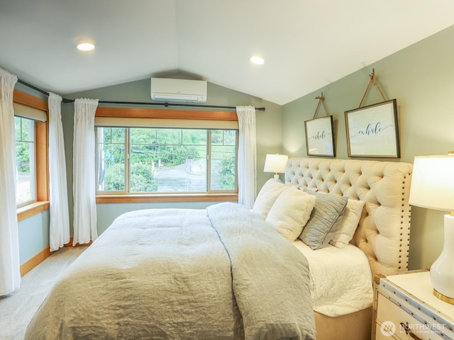carpeted bedroom with recessed lighting, baseboards, vaulted ceiling, and a wall mounted air conditioner