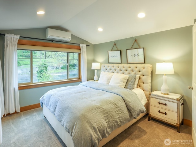 carpeted bedroom with baseboards, vaulted ceiling, recessed lighting, and a wall mounted air conditioner