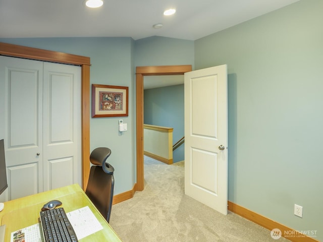 home office featuring baseboards, recessed lighting, and light carpet