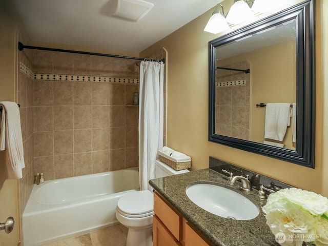 full bathroom featuring vanity, tile patterned floors, toilet, and shower / bathtub combination with curtain