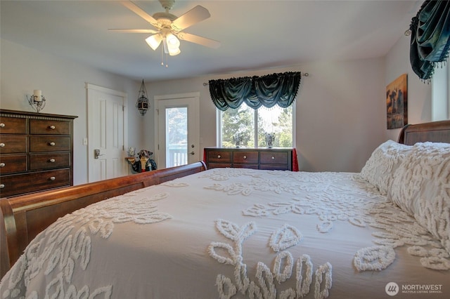 bedroom featuring access to exterior and ceiling fan