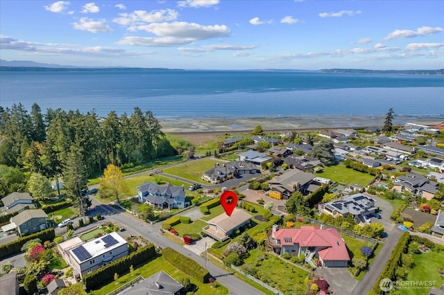 drone / aerial view with a water view and a residential view