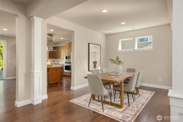 dining space featuring baseboards, recessed lighting, and dark wood-style flooring