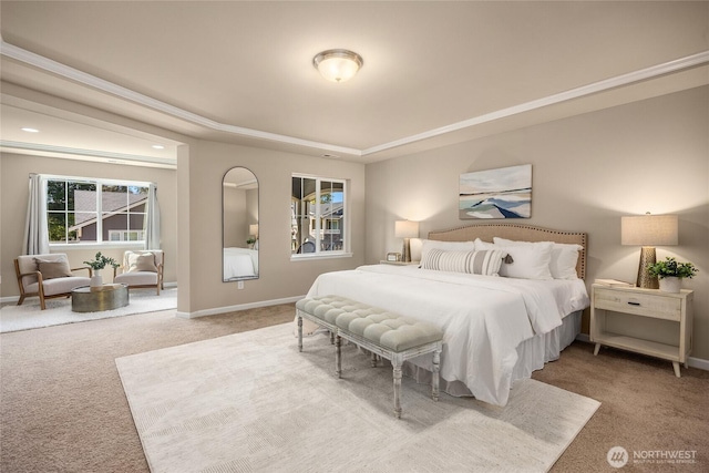 carpeted bedroom featuring baseboards, multiple windows, and a raised ceiling