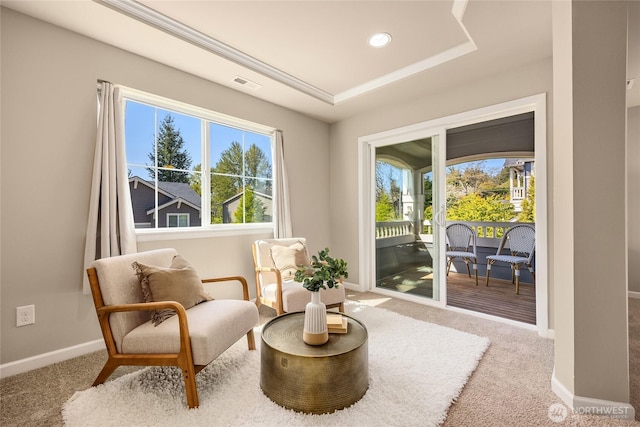 living area with carpet flooring, baseboards, visible vents, and a raised ceiling