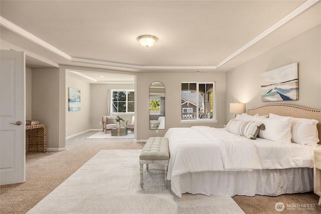 carpeted bedroom featuring baseboards and a tray ceiling