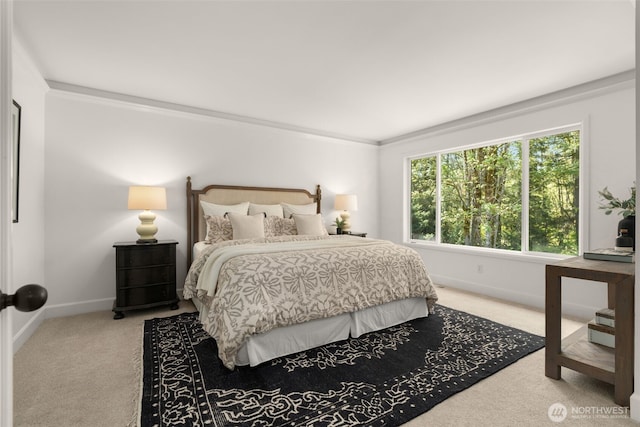 carpeted bedroom featuring crown molding and baseboards