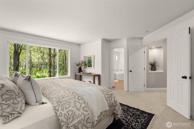 carpeted bedroom with crown molding and connected bathroom