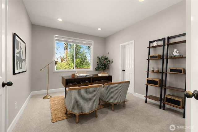 carpeted home office featuring baseboards and recessed lighting