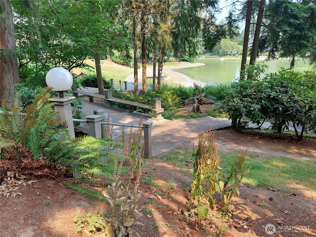 surrounding community with a water view and view of wooded area