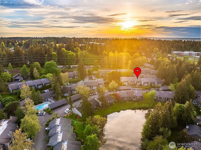 aerial view of residential area with a nearby body of water and a heavily wooded area
