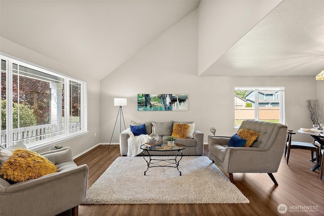 living room with baseboards, wood finished floors, and vaulted ceiling