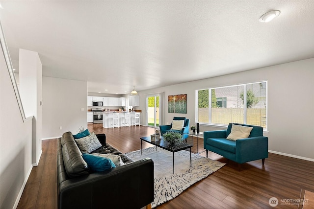 living area featuring baseboards and dark wood-style floors