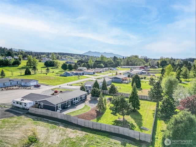 birds eye view of property with a mountain view and a residential view