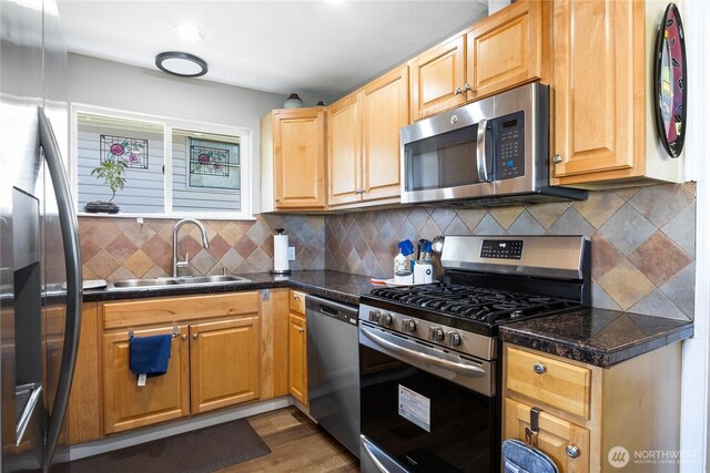 kitchen with wood finished floors, tile counters, tasteful backsplash, a sink, and stainless steel appliances
