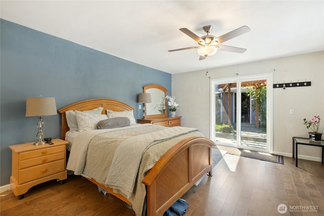 bedroom with a ceiling fan, baseboards, access to exterior, and wood finished floors