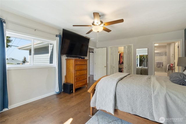 bedroom with baseboards, multiple windows, a closet, and wood finished floors