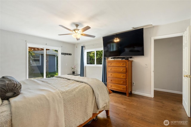 bedroom with ceiling fan, baseboards, access to outside, and wood finished floors