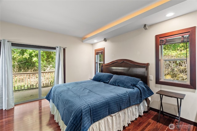 bedroom featuring access to outside, recessed lighting, wood-type flooring, and baseboards