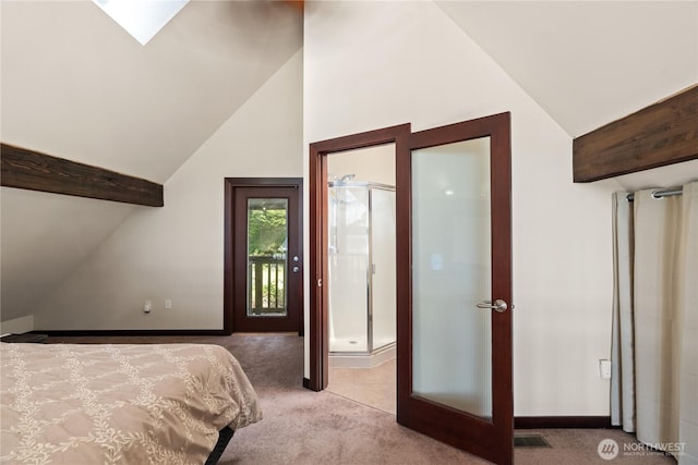 bedroom featuring carpet flooring, access to outside, connected bathroom, french doors, and baseboards