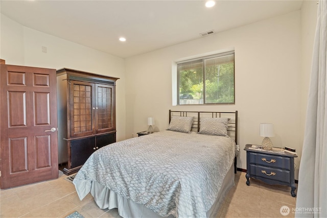 bedroom featuring visible vents, recessed lighting, and light tile patterned floors