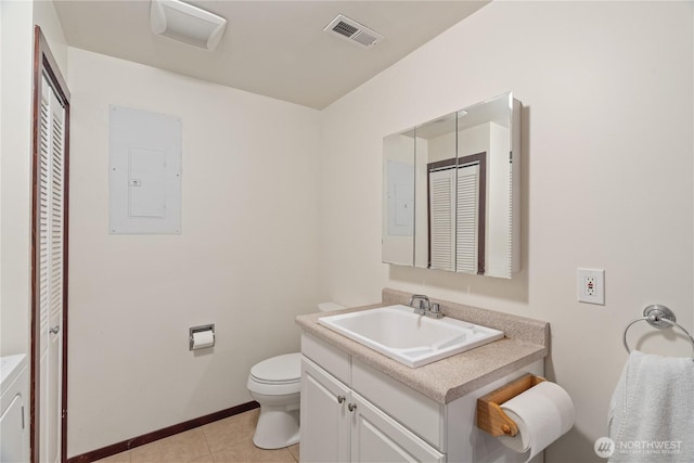 bathroom featuring vanity, toilet, tile patterned floors, visible vents, and electric panel
