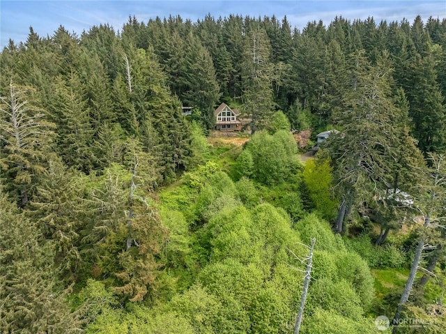 birds eye view of property featuring a wooded view
