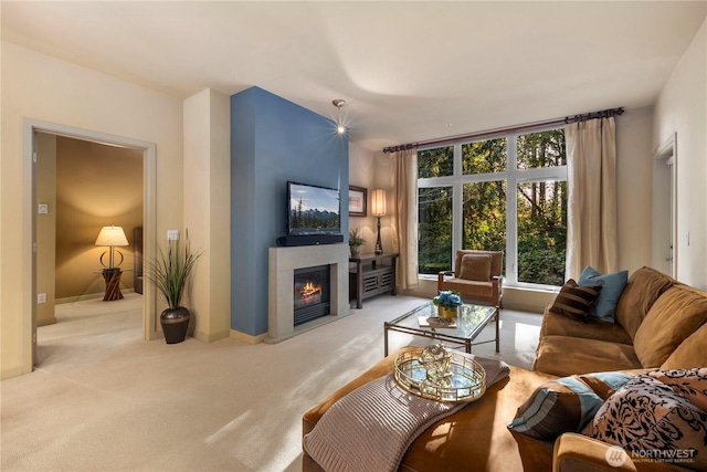 150 102nd Ave SE Unit 213, Bellevue, WA 98004 - living room featuring carpet flooring, baseboards, and a glass covered fireplace