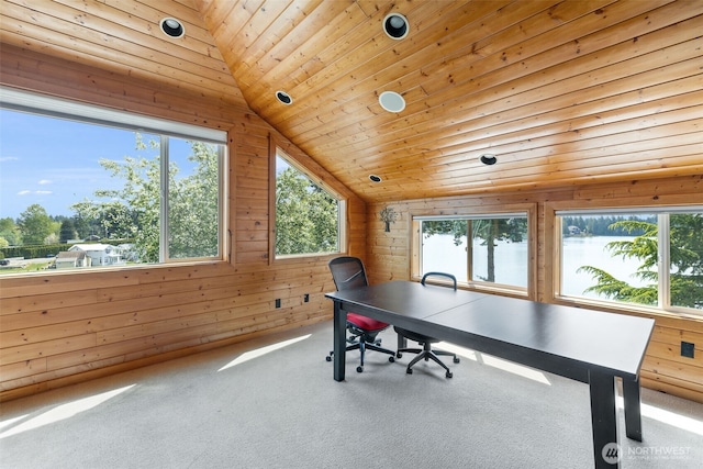 game room featuring carpet flooring, lofted ceiling, wood walls, and wooden ceiling