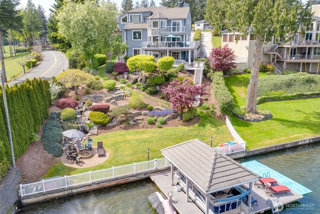 bird's eye view with a water view