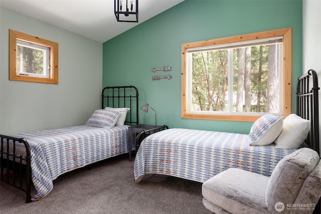 carpeted bedroom with lofted ceiling